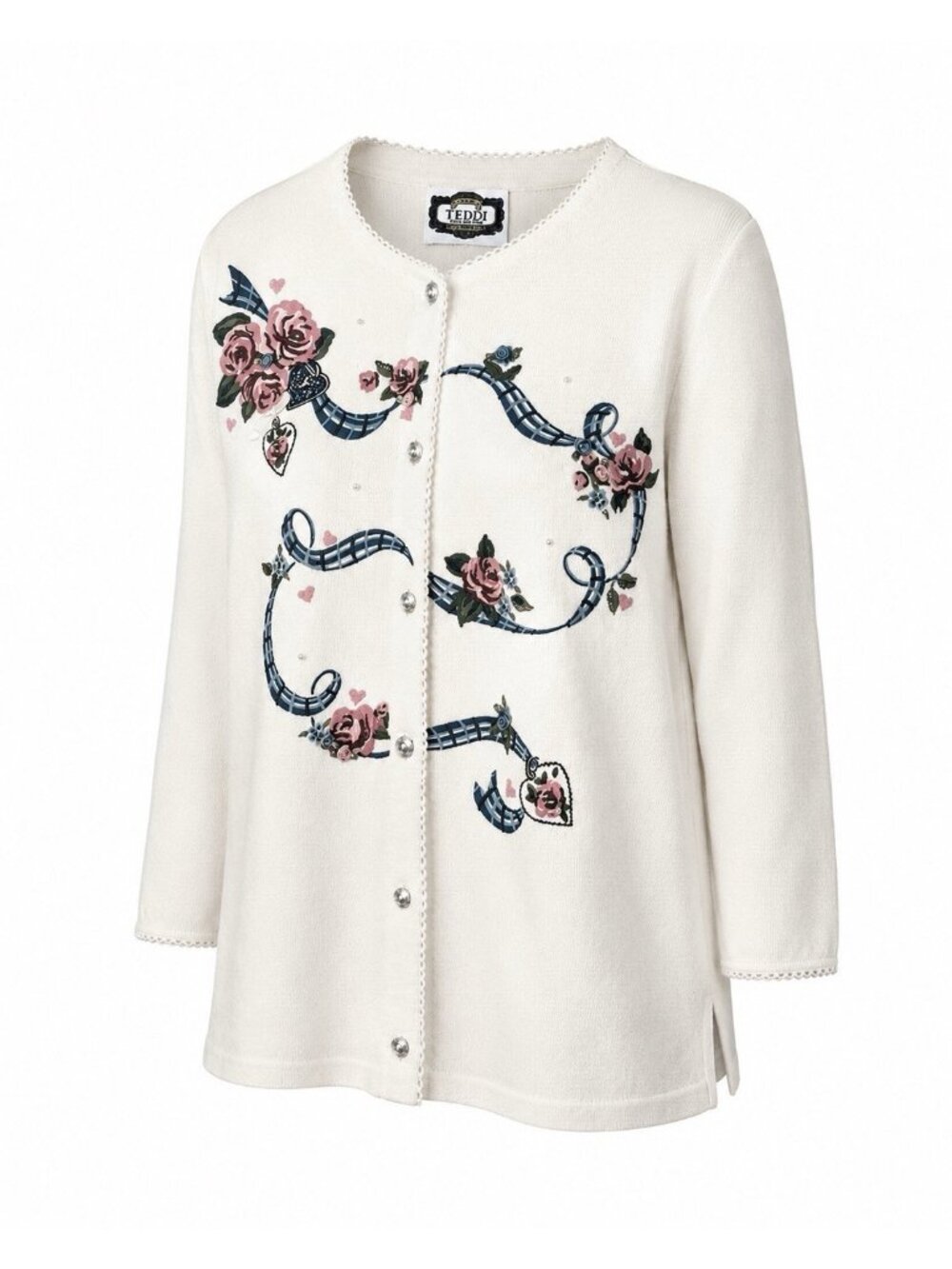Vintage Teddi Floral Beaded Cardigan Sweater Womens 2XL Ivory Cottage Romantic